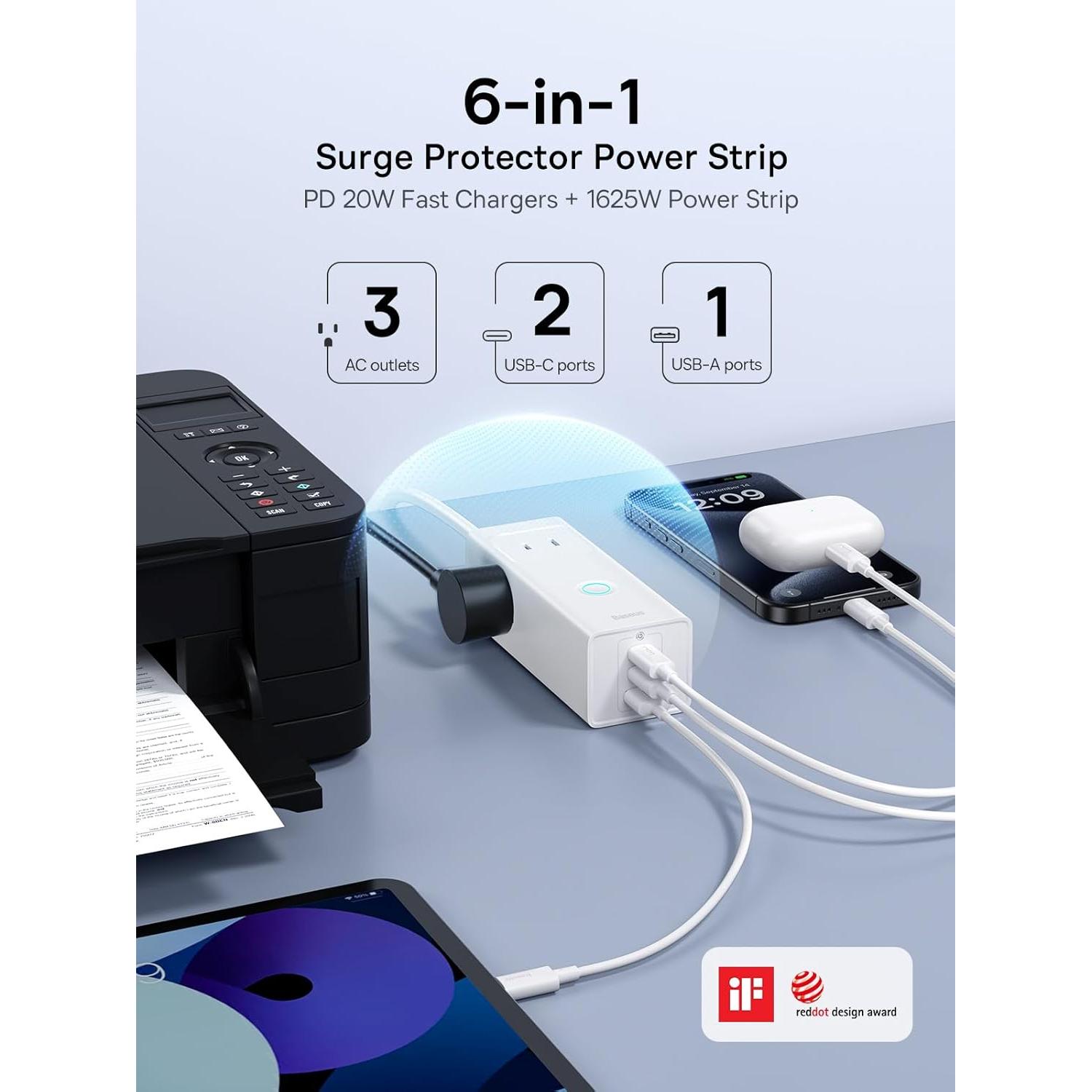 Regleta Baseus 20W con 3 Salidas AC y 3 USB C - Protección 1200J