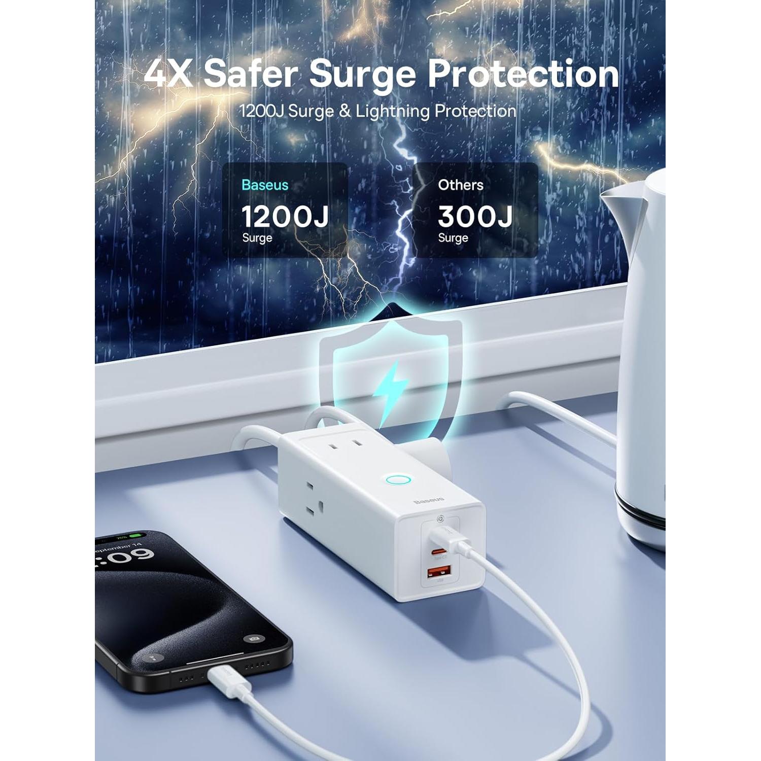 Regleta Baseus 20W con 3 Salidas AC y 3 USB C - Protección 1200J