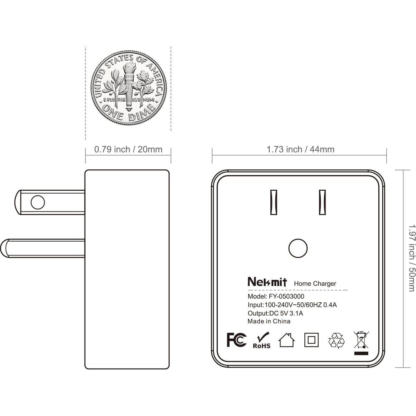Cargador de pared USB Nekmit Slim 2 Puertos 12W Negro