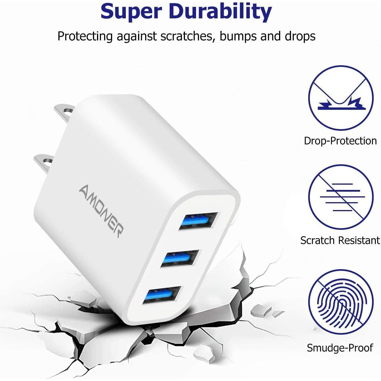 Cargador de Pared USB Amoner 15W 3 Puertos Carga Rápida