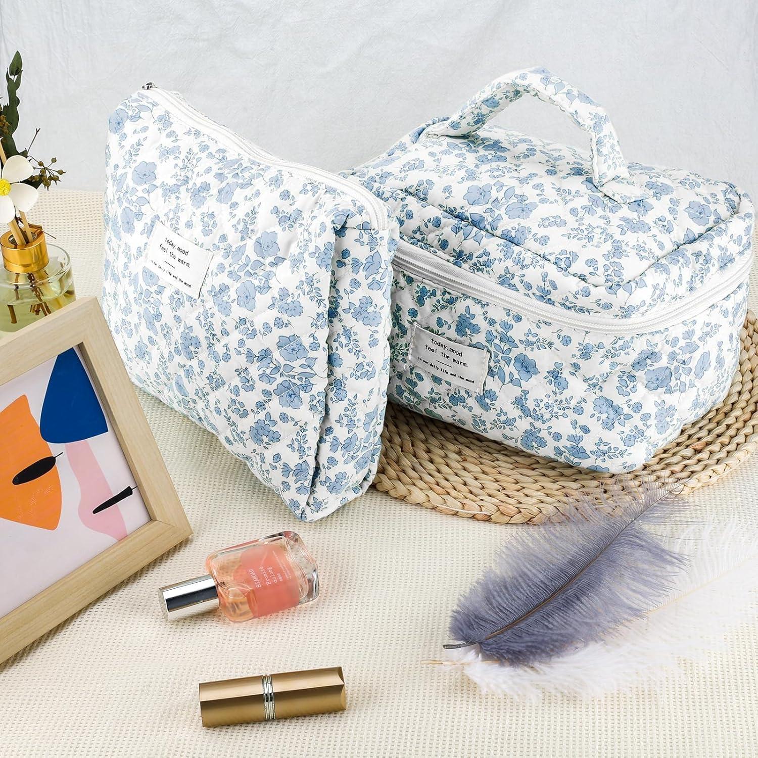 Juego de 2 bolsas de maquillaje acolchadas URSKYTOUS - Floral Azul