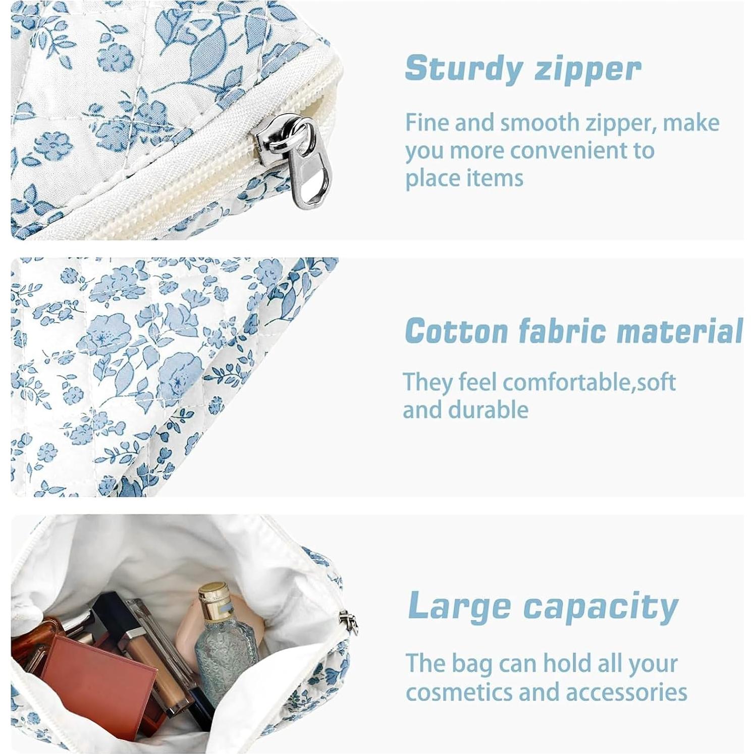 Juego de 2 bolsas de maquillaje acolchadas URSKYTOUS - Floral Azul