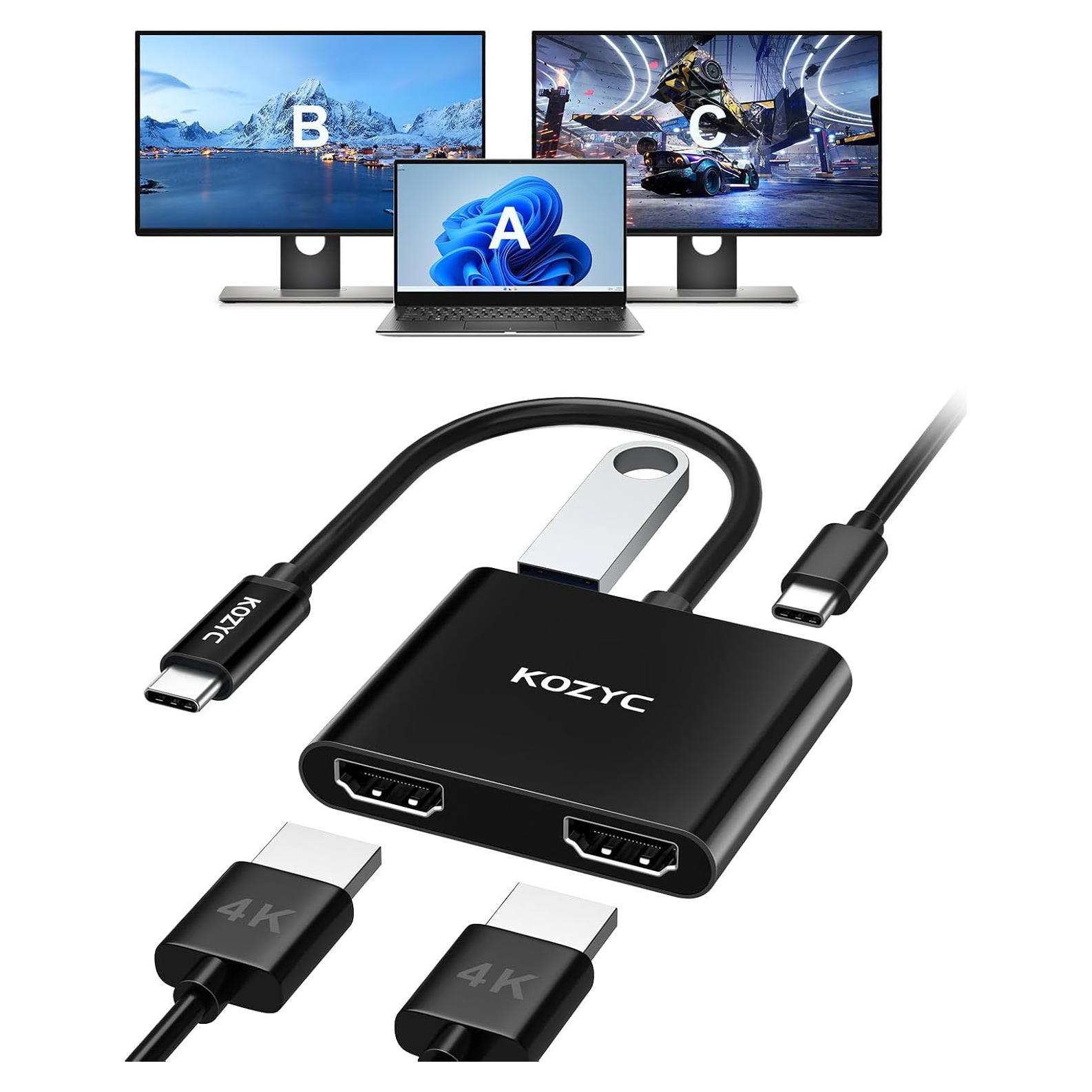 Adaptador USB C a Doble HDMI 4K KOZYC Hub 4 en 1 Negro