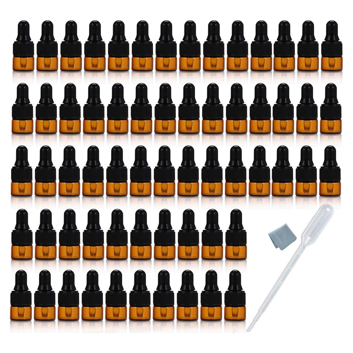 50 Botellas de Vidrio Ámbar 1ml con Cuentagotas y Paño Limpio