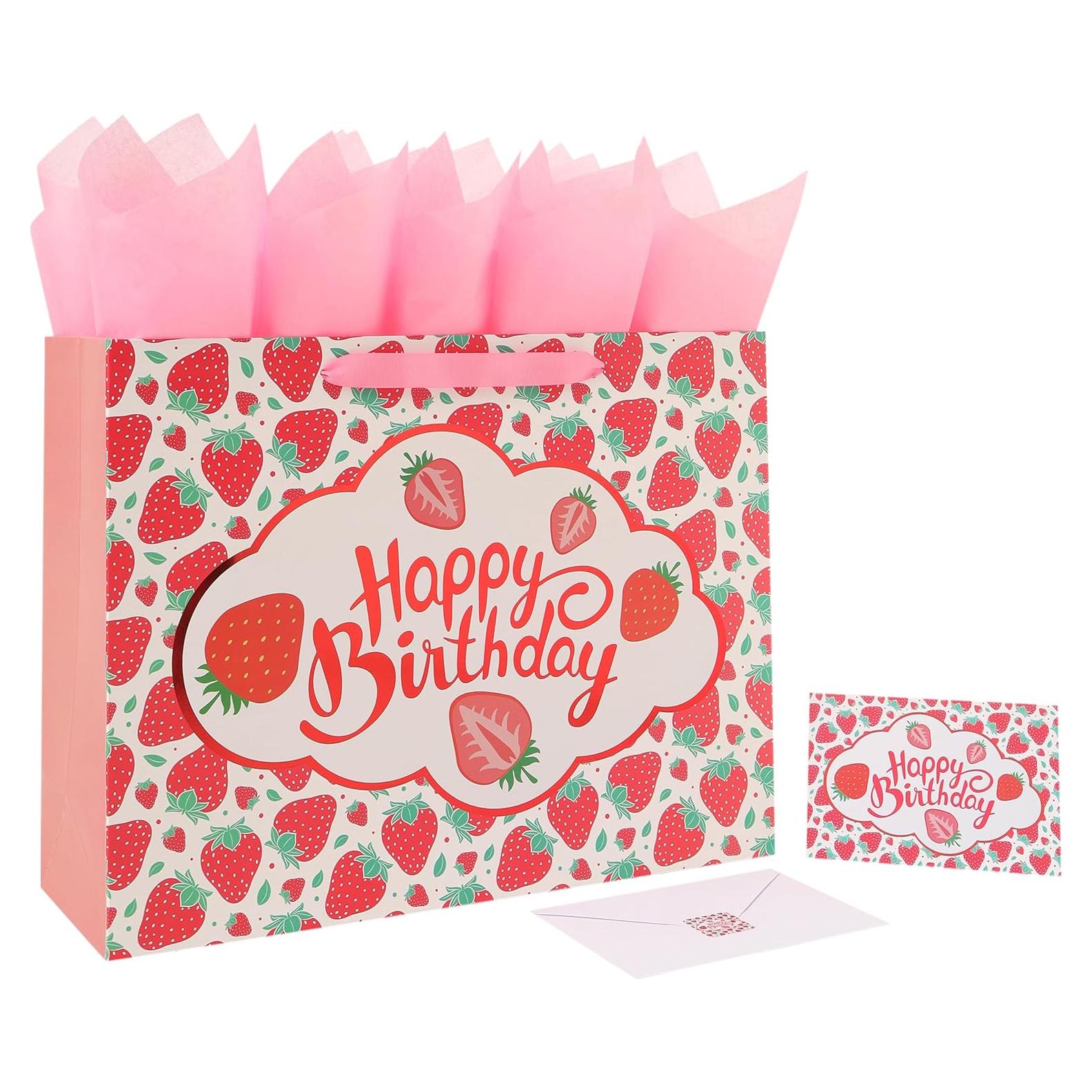 Bolsa de Regalo Extra Grande de Cumpleaños Fresa 42x32x14 cm