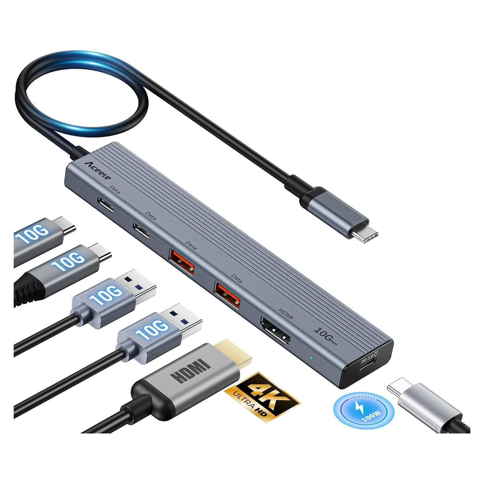 Hub USB C 6 en 1 Aceele con HDMI 4K y 100W de carga