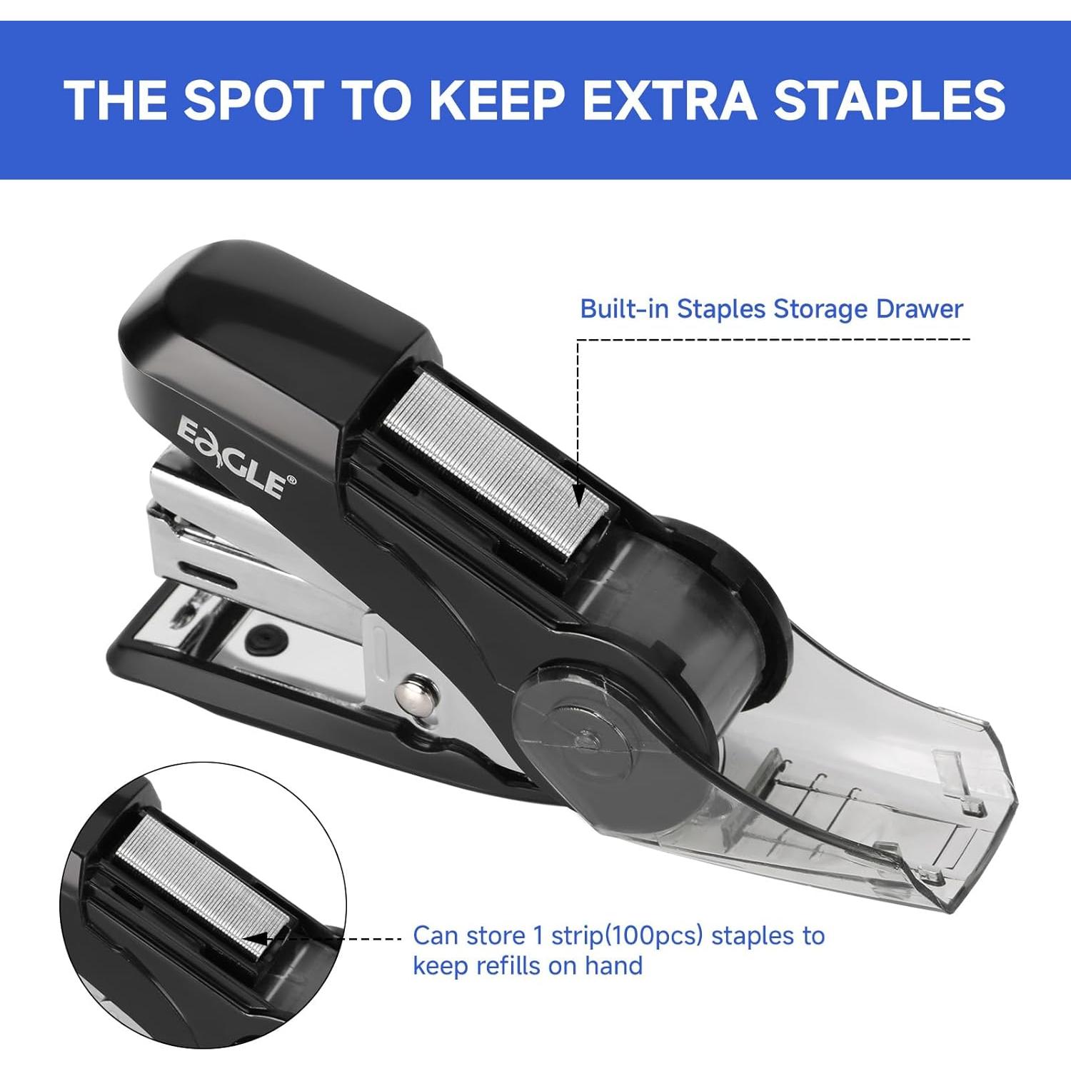 Grapadora Mini Eagle Negra, 20 Hojas, 1000 Grapas, Esfuerzo Reducido