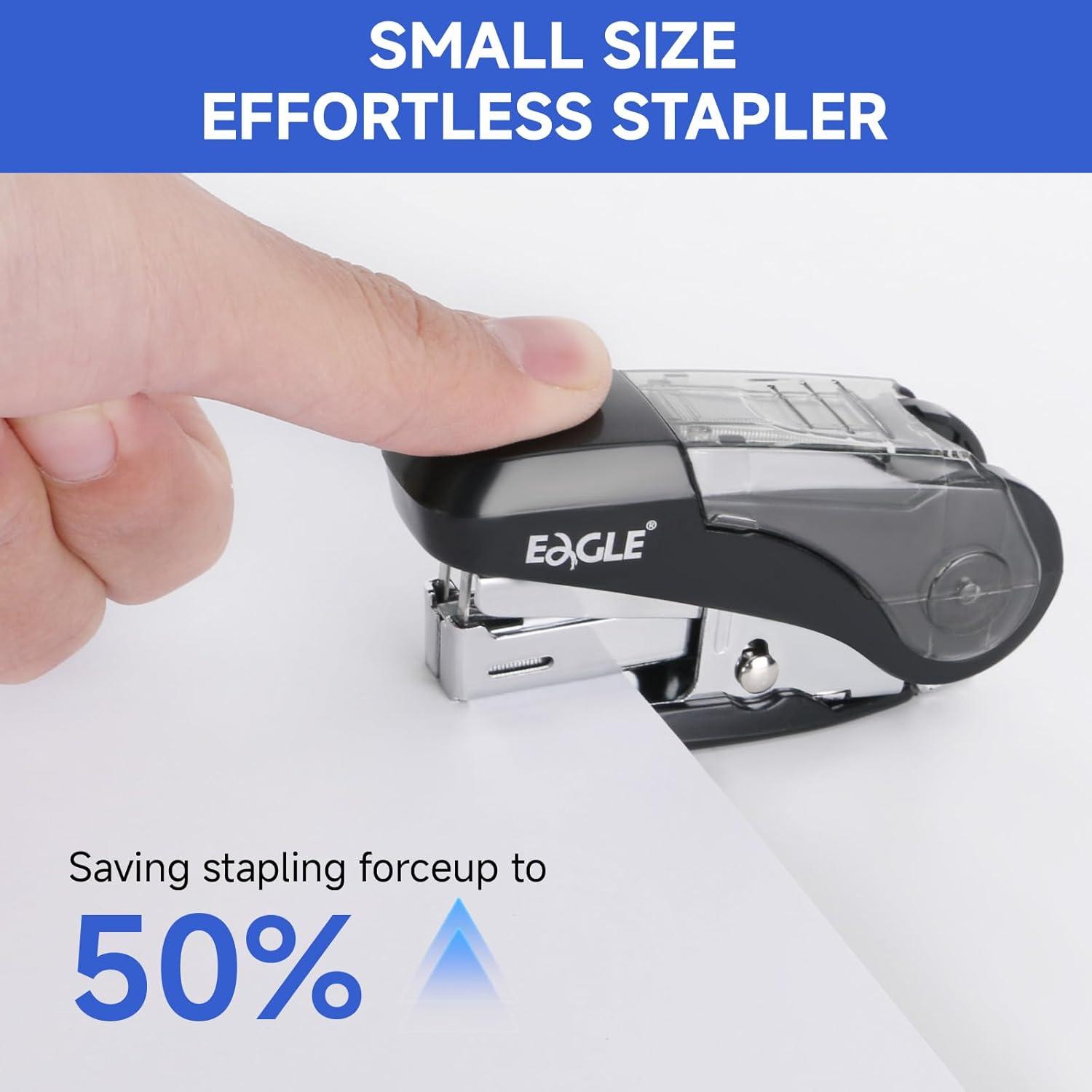 Grapadora Mini Eagle Negra, 20 Hojas, 1000 Grapas, Esfuerzo Reducido