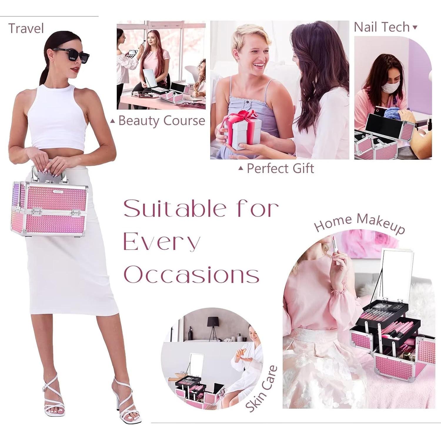 Estuche de Maquillaje Joligrace Rosa 24x17.8x16.9 cm con Espejo