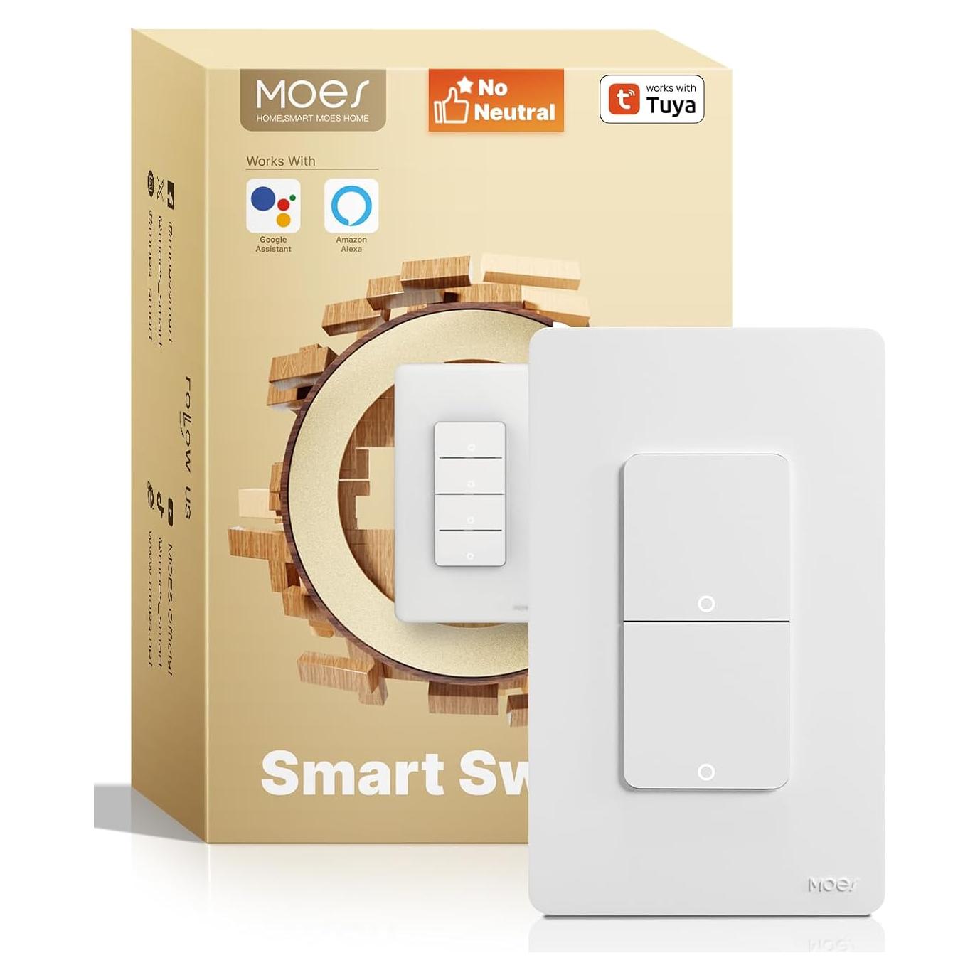 Interruptor de Luz Doble Inteligente MOES WiFi 2 Gang Sin Neutro