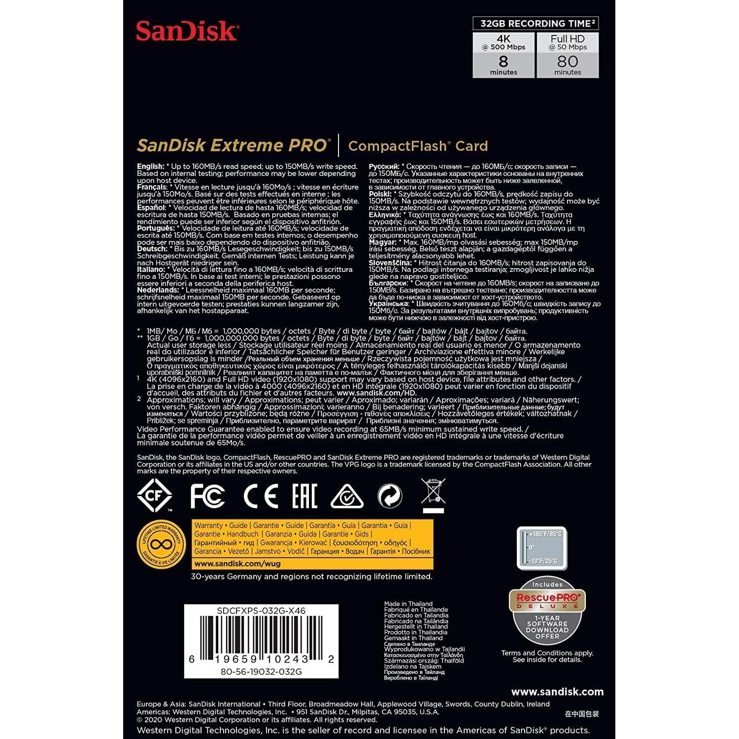Tarjeta de Memoria SanDisk 32GB CompactFlash UDMA 7 160MB/s