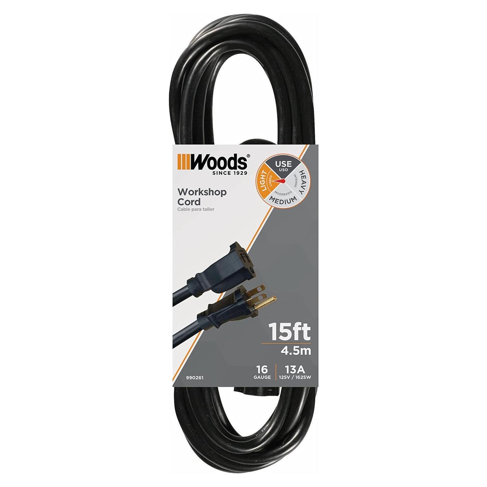 Cable de Extensión Woods 4.57m Negro 16/3 SJTW para Exterior