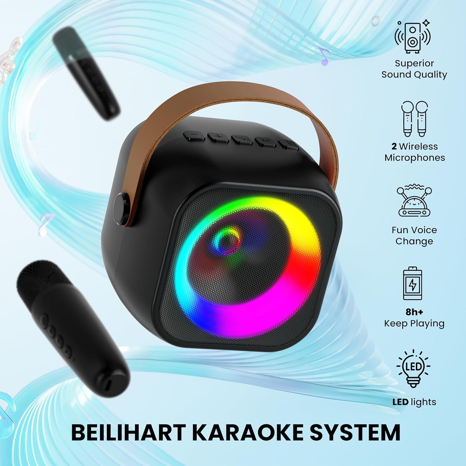 Mini Máquina de Karaoke BEILIHART con 2 Micrófonos Inalámbricos
