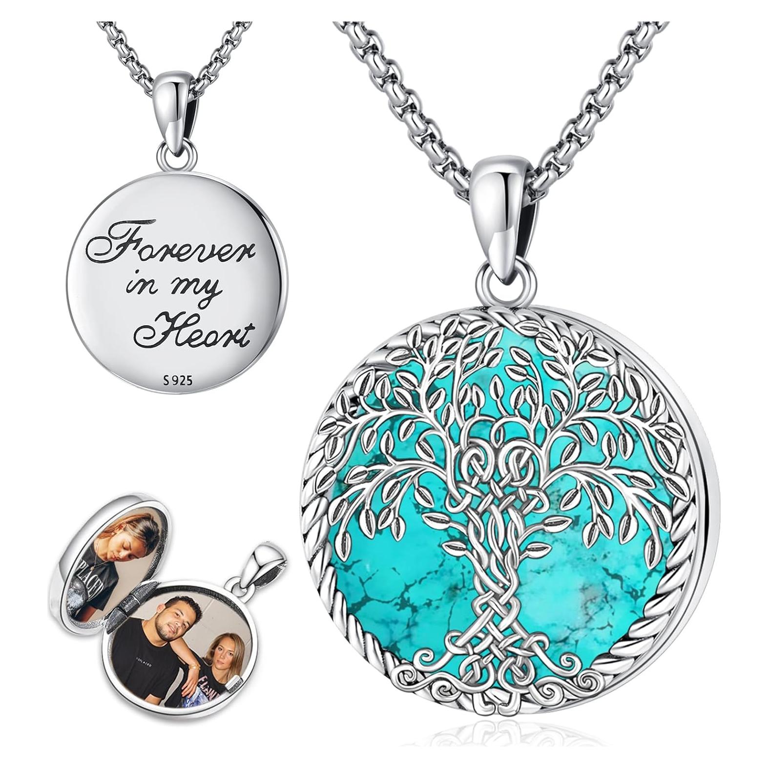 Collar Locket de Plata Esterlina 925 con Turquesa y Colgante