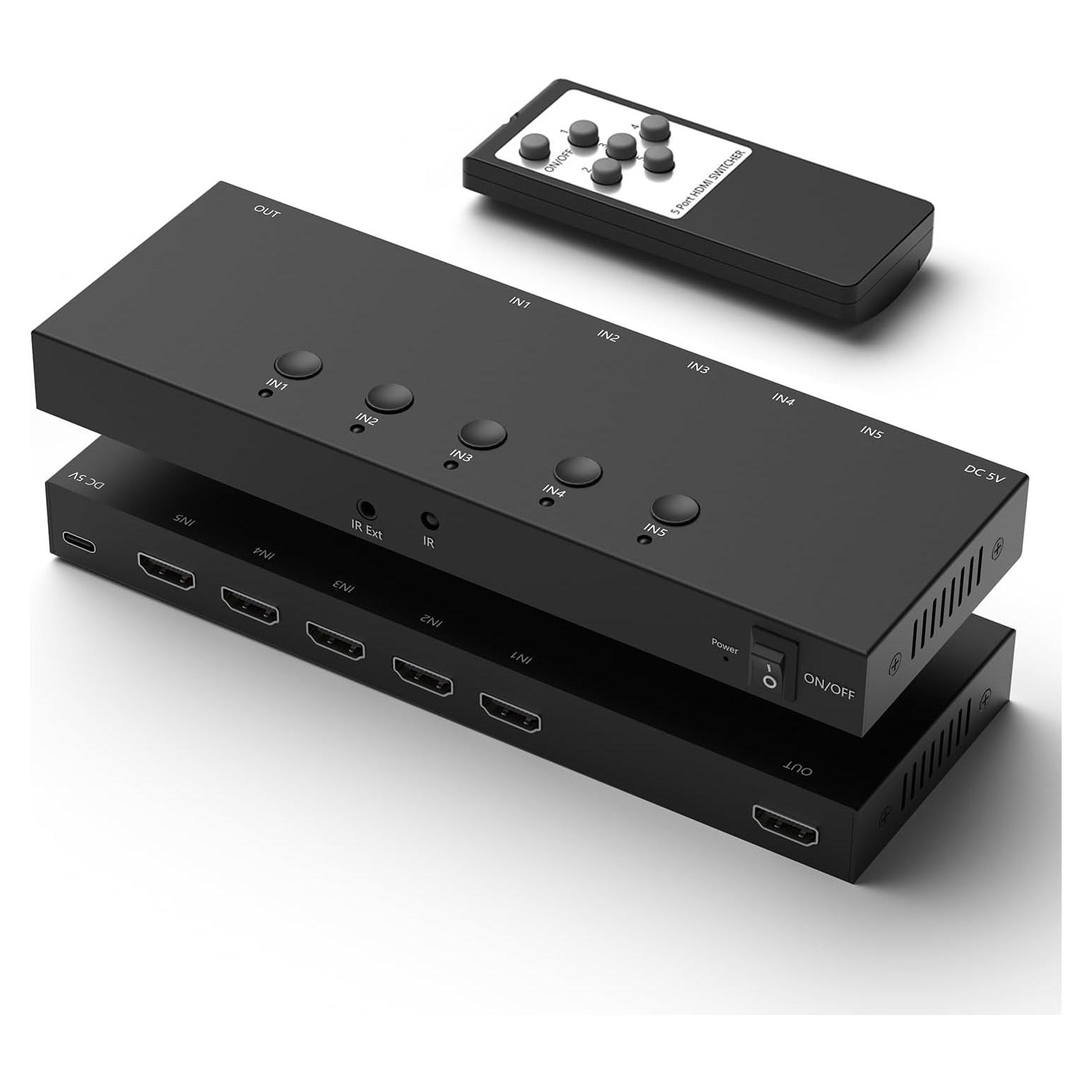 Conmutador HDMI 5 Puertos 4K 60Hz RuiPuo Selector con Control Remoto