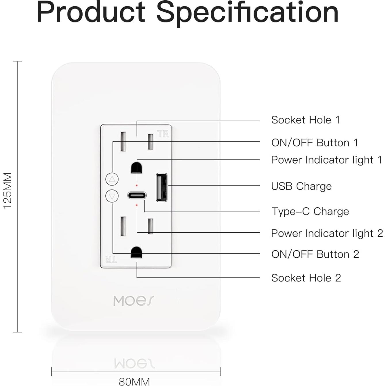 Receptáculo de Pared USB Inteligente MOES con Cargador Type-C