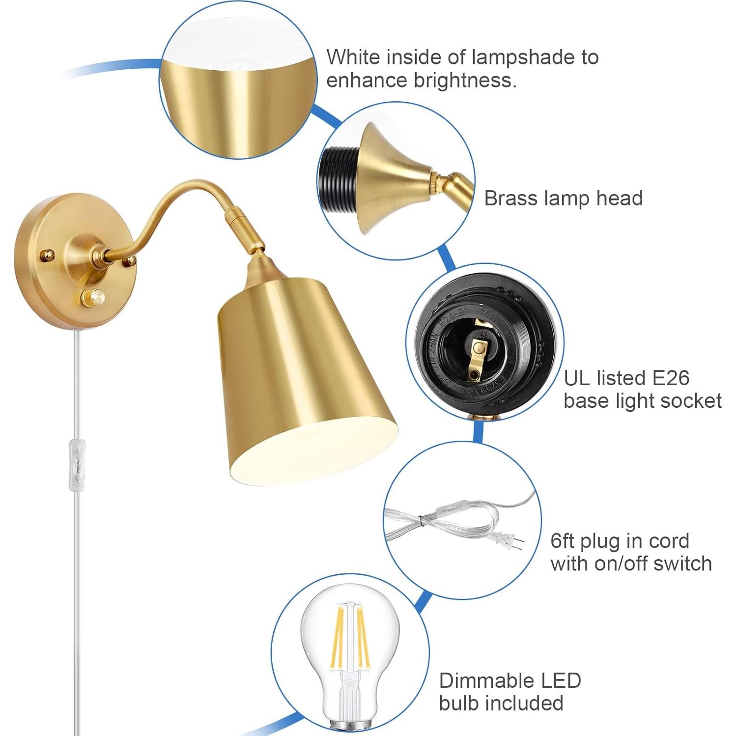 Aplique de pared regulable TRLIFE dorado con bombilla LED 6W
