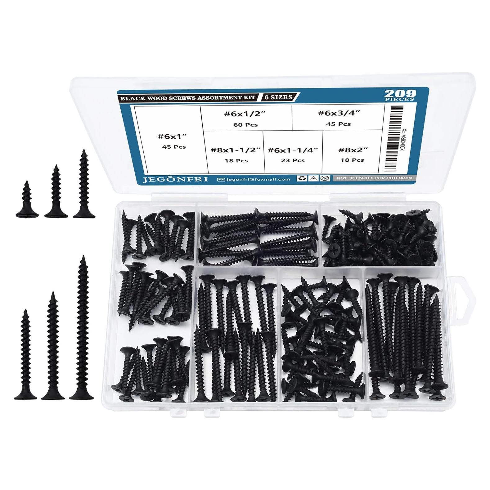 Kit de Tornillos de Madera Negros JEGONFRI 209 pcs Phillips