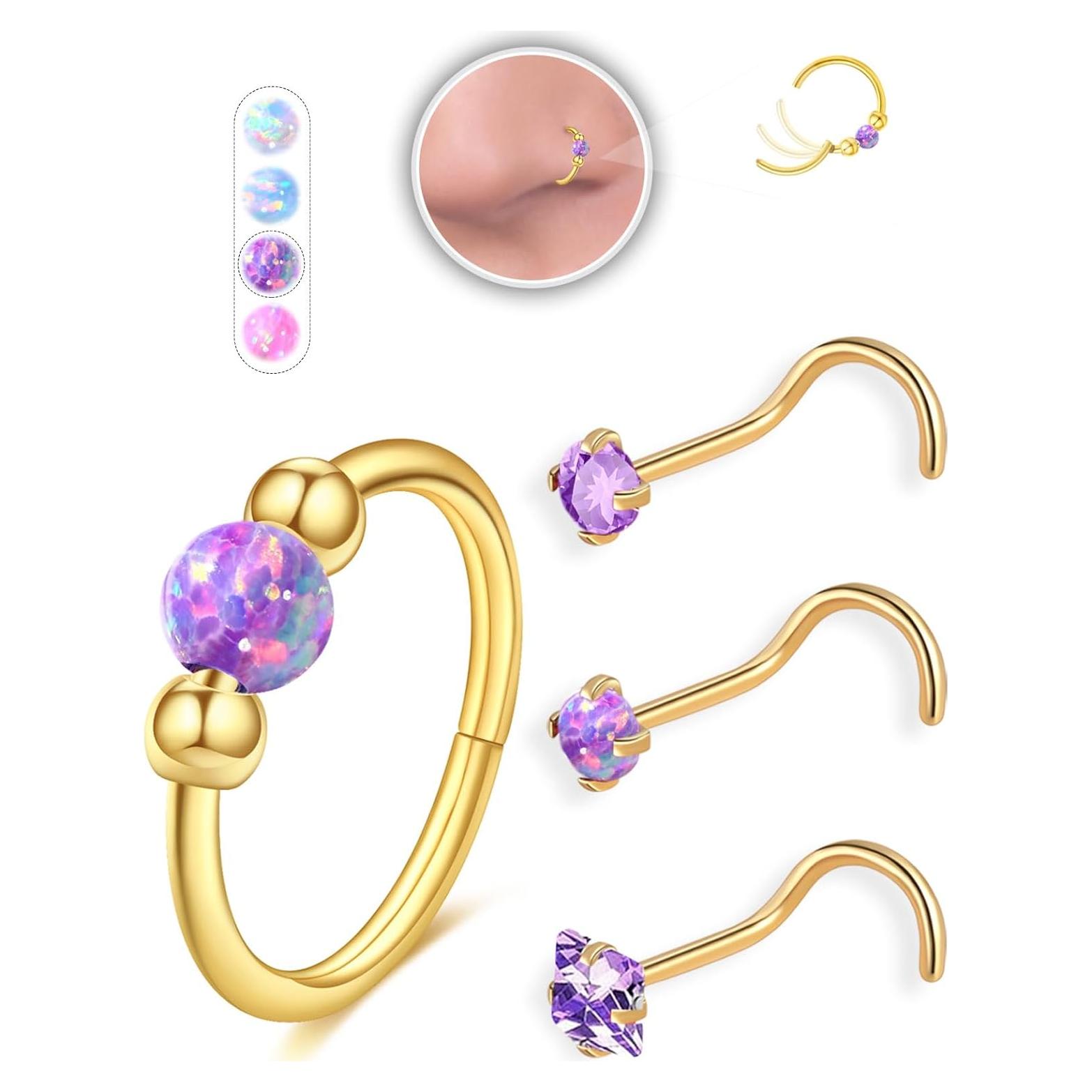 Anillos de Nariz 20G Acero Inoxidable 316L con Ópalo y CZ