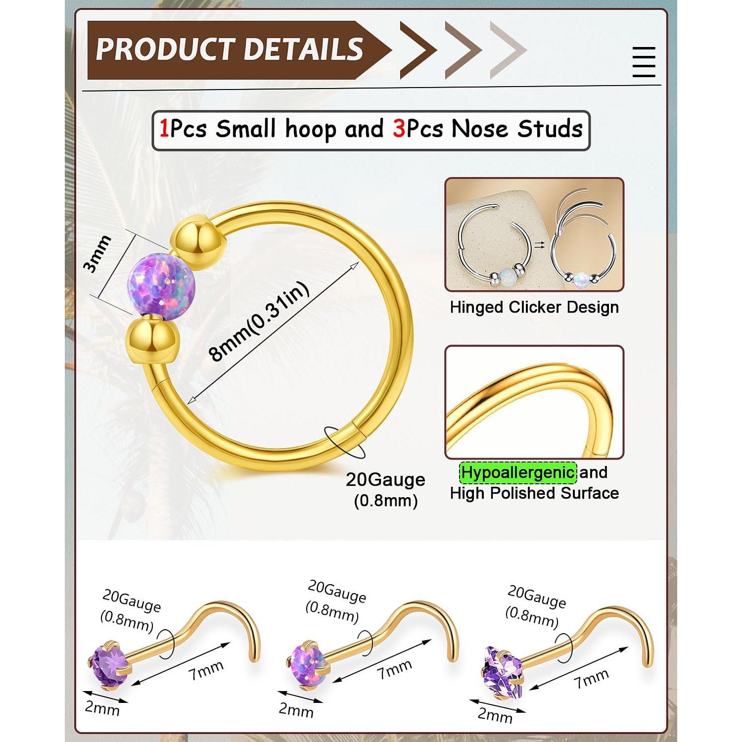 Anillos de Nariz 20G Acero Inoxidable 316L con Ópalo y CZ