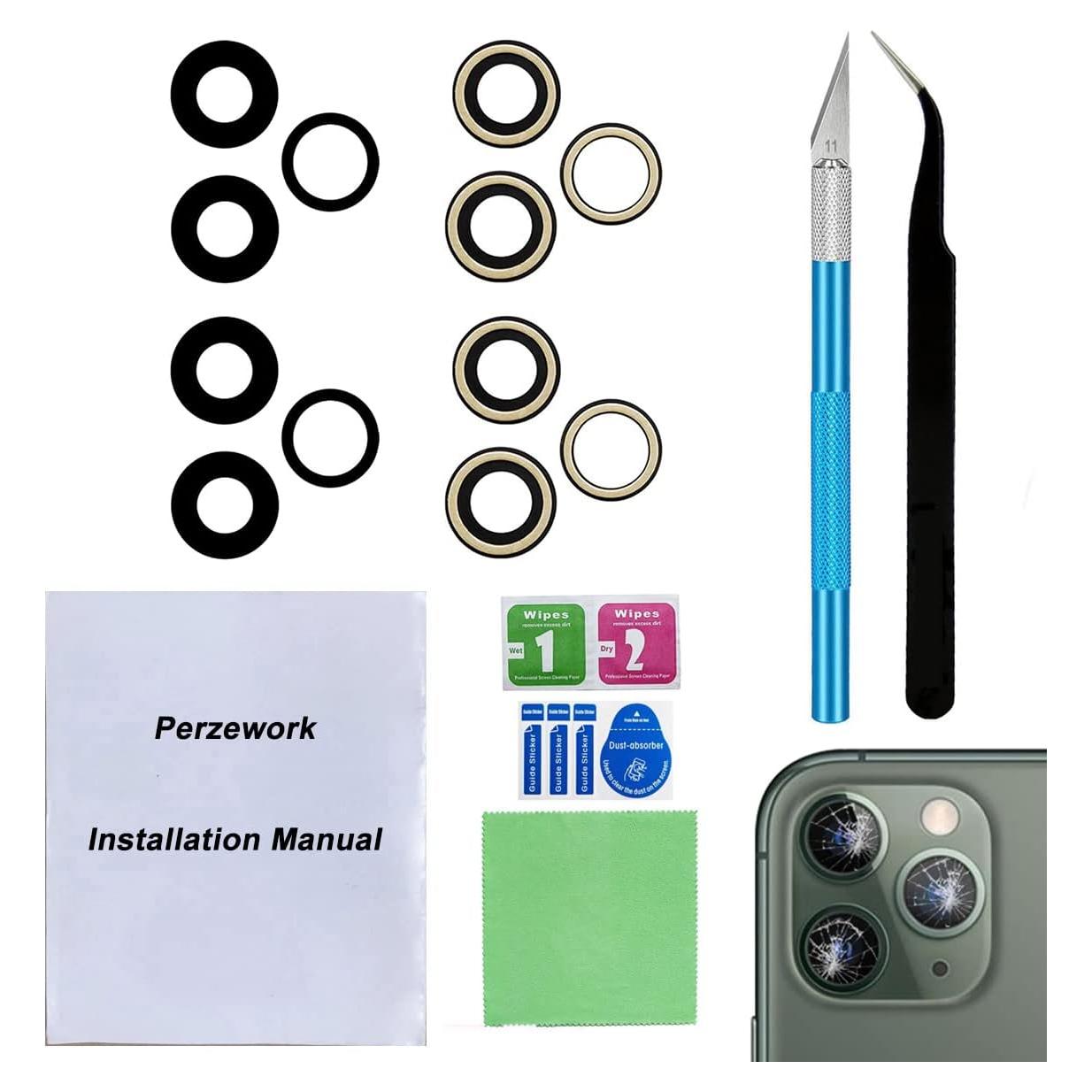 Reemplazo Lente de Cámara Trasera Original Perzework para iPhone 11 Pro Max/Pro - 2 Set con Adhesivo y Kit de Herramientas