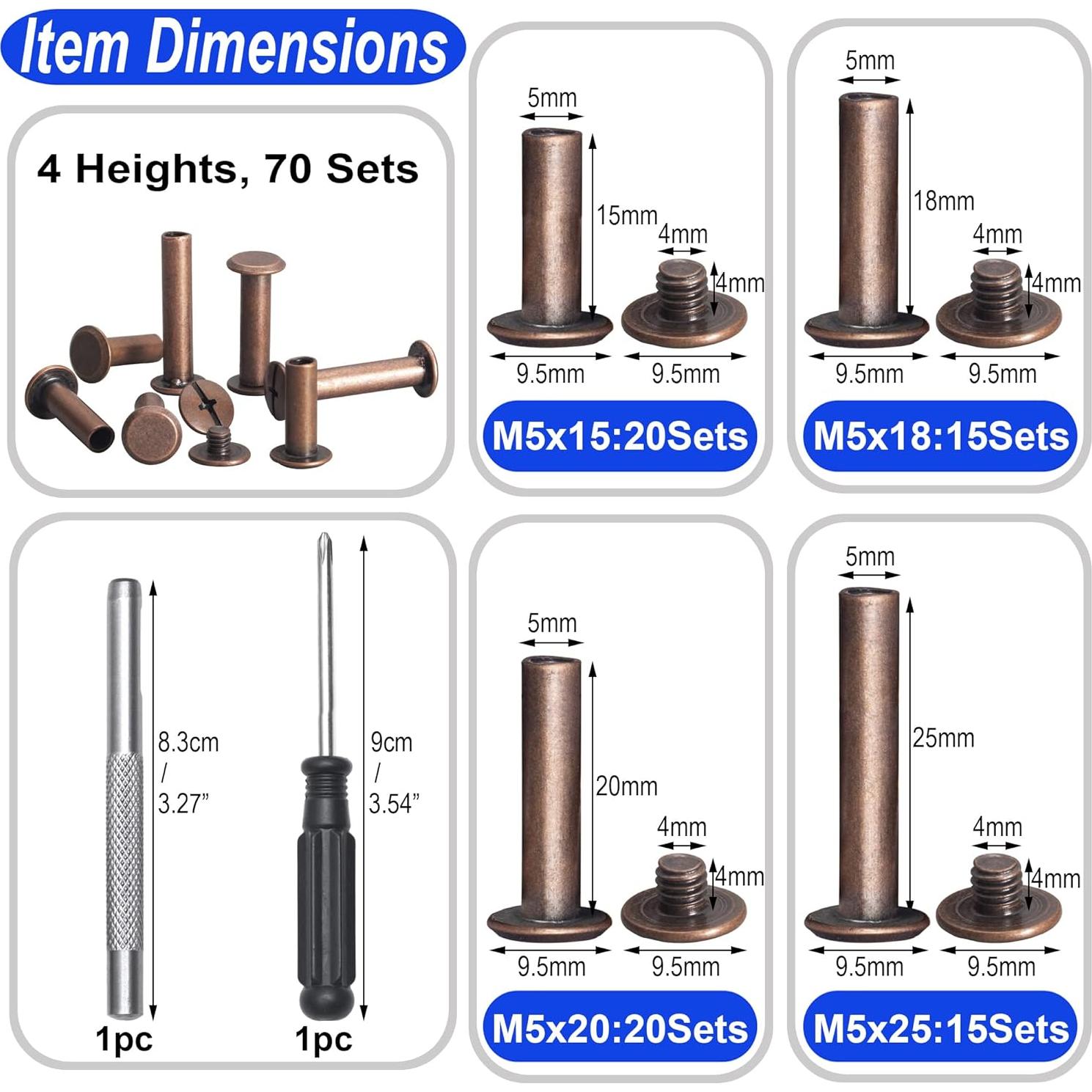 70 Tornillos Chicago Cobre Antiguo M5 para Artesanías de Cuero