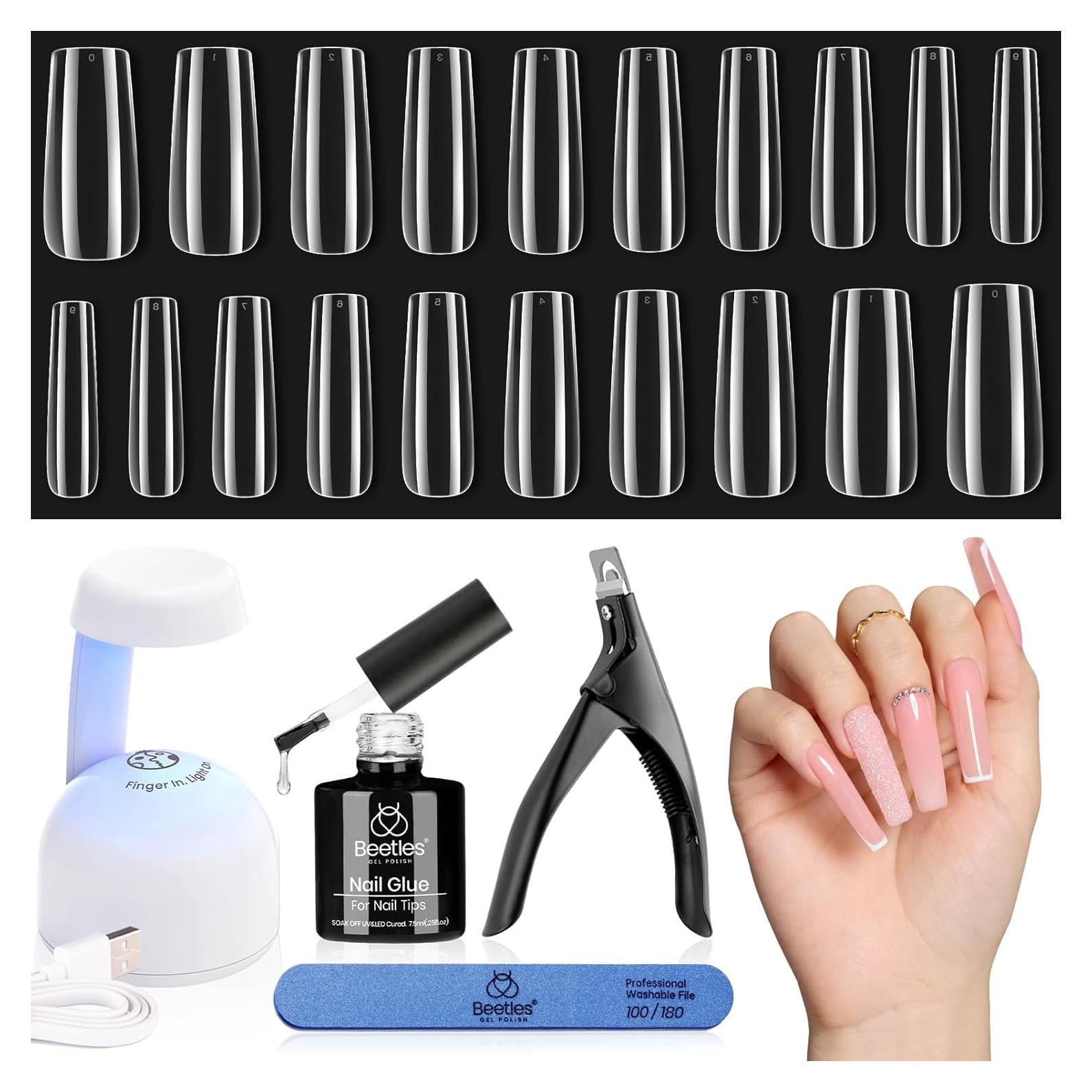 Kit de Uñas de Gel Beetles 240 PCS Cuadradas Largas con Lámpara UV