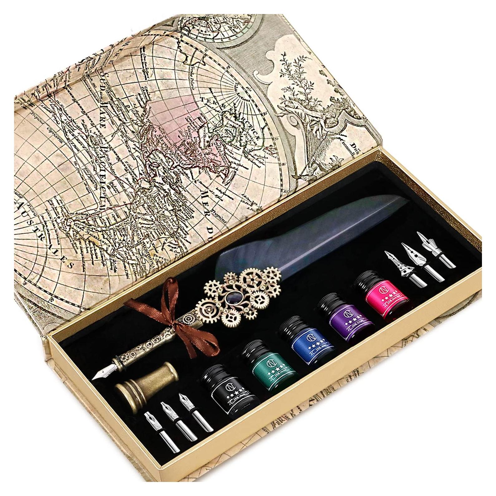 Juego de Pluma de Pavo NC con 5 Tintas y 6 Puntas de Acero