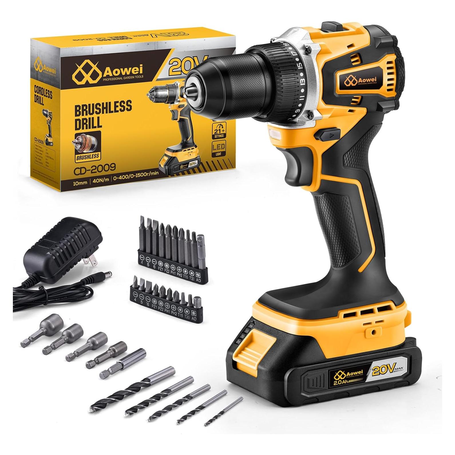 Taladro Inalámbrico AOWEI 20V Litio-Ion 2Ah Amarillo