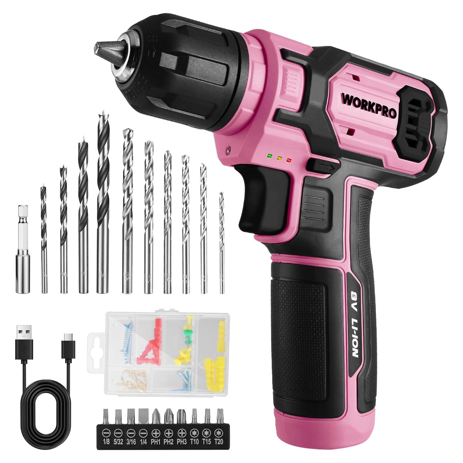 Taladro Inalambrico WORKPRO Rosa 8V con 53 Piezas y Batería 2Ah