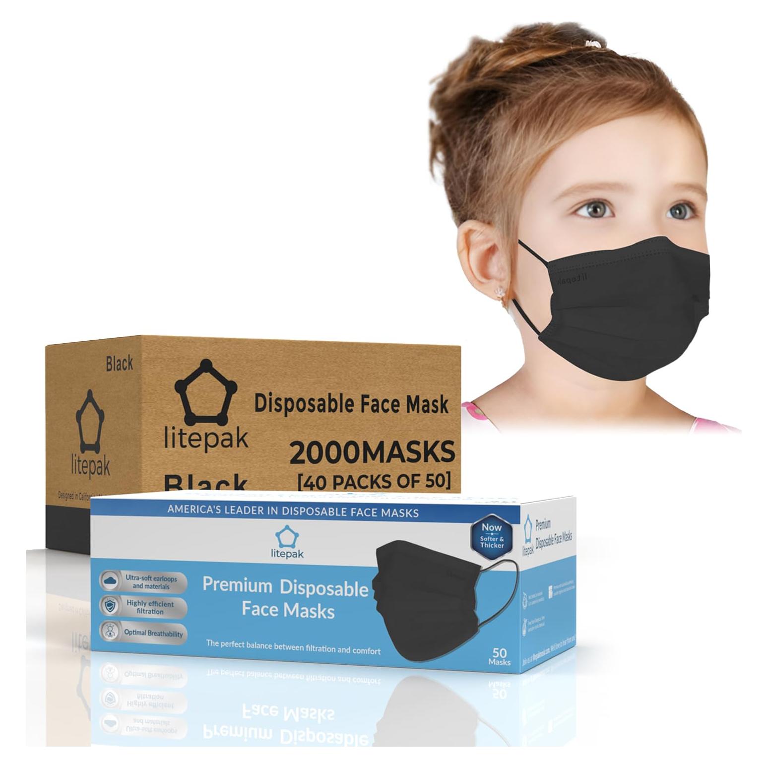2000 Mascarillas Desechables para Niños Litepak 3 Capas Negro