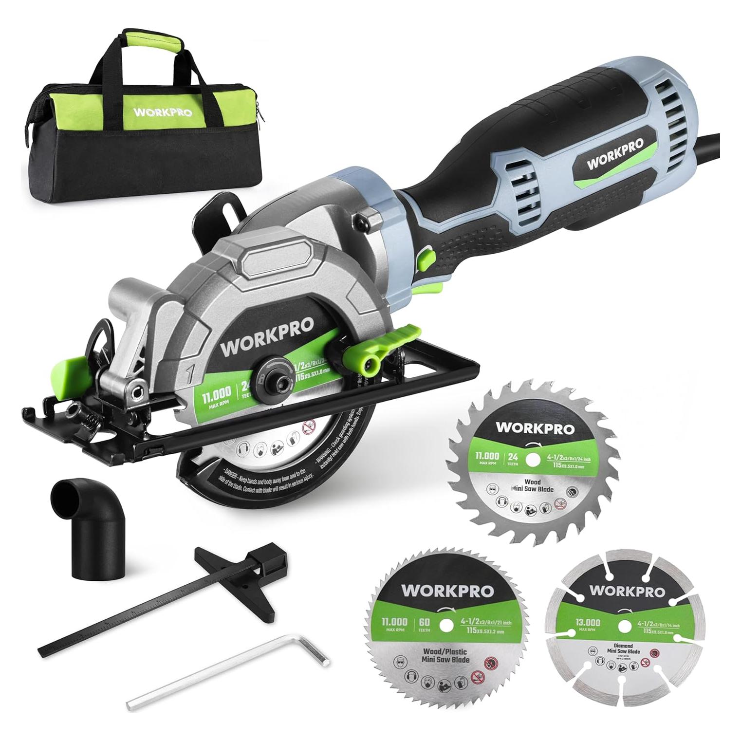 WORKPRO 5.8Amp 3500RPM Circular Saw with Parallel Guide, Maximum Cutting Depth 1-11/16?(90°),1-1/8?(45°), Compact Circular Saw with Three 4-1/2" Blades for Wood, PVC, Tile, Cement Block