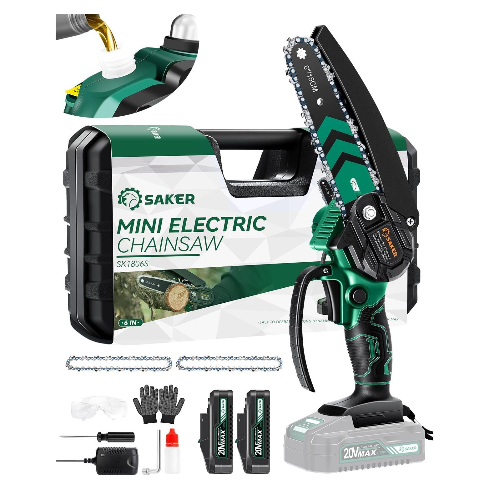 Mini Motosierra Eléctrica Inalámbrica Saker 6" con 2 Baterías