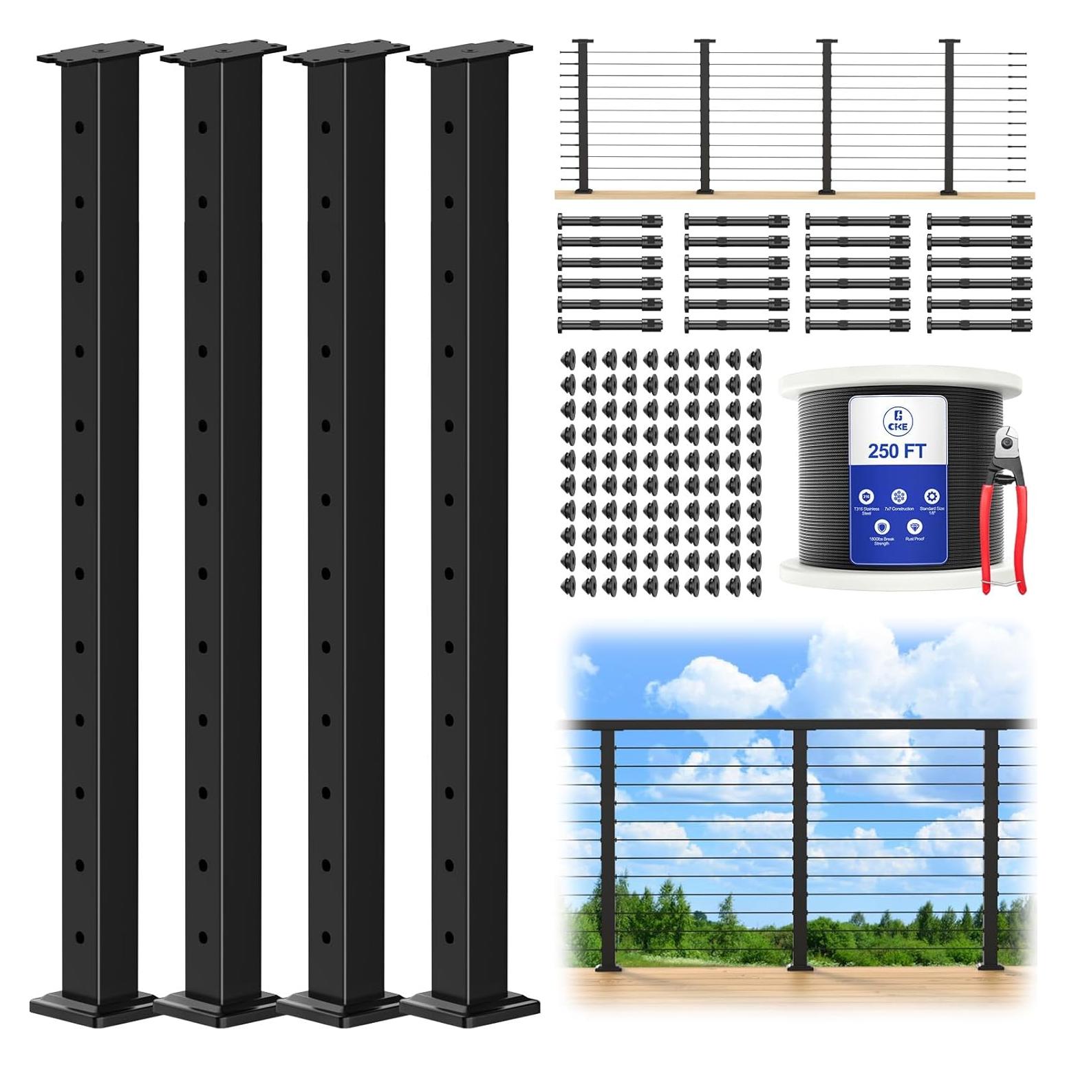 CKE 15ft-20ft Complete Set 42" Modular Black Cable Railing Post Kit, 4Pack Black Level Drilled Line Posts(41"x2"x2"), Swageless Deck Cable Railing System Kit, 250ft 1/8" Wire Rope(No Handrail), LPS02
