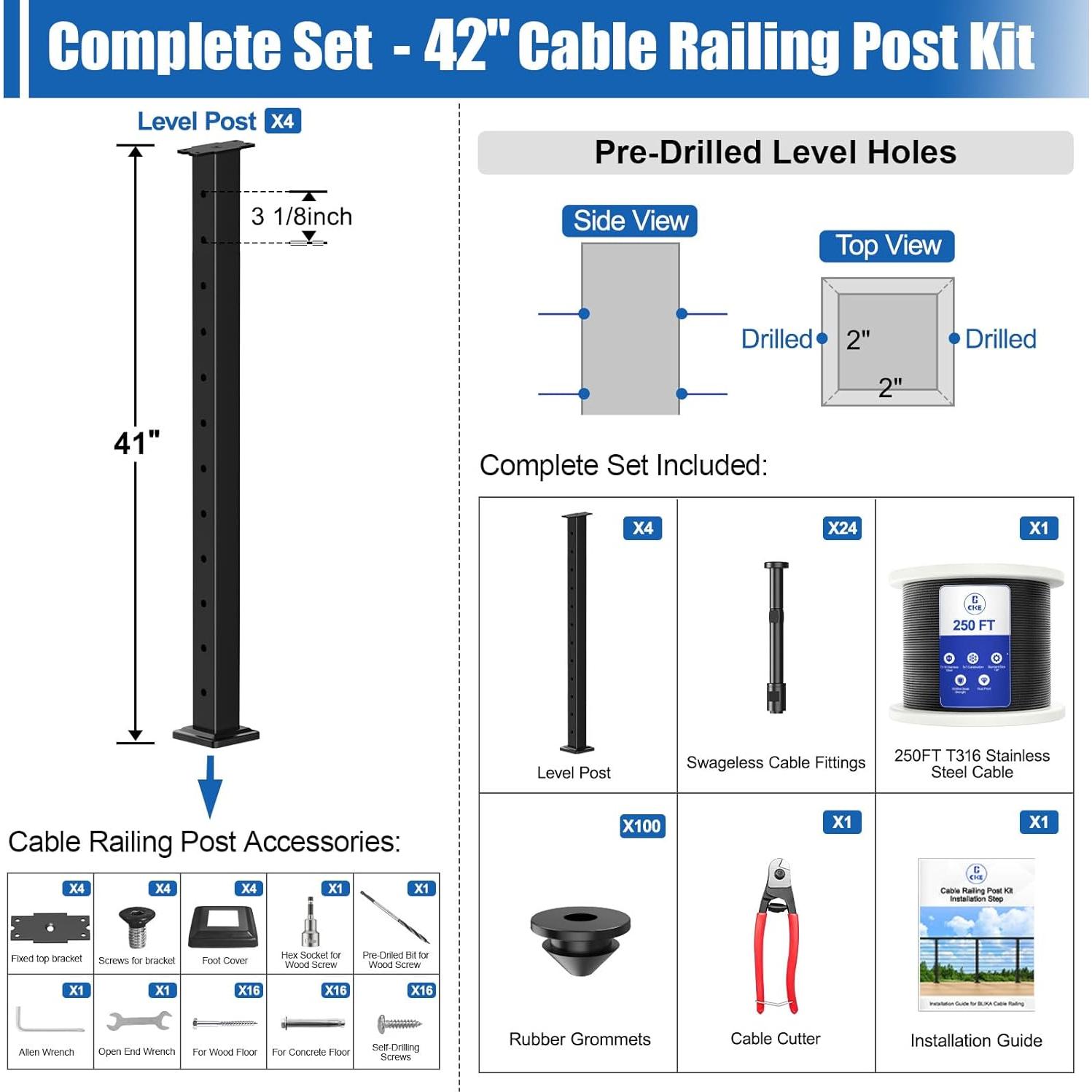 CKE 15ft-20ft Complete Set 42" Modular Black Cable Railing Post Kit, 4Pack Black Level Drilled Line Posts(41"x2"x2"), Swageless Deck Cable Railing System Kit, 250ft 1/8" Wire Rope(No Handrail), LPS02