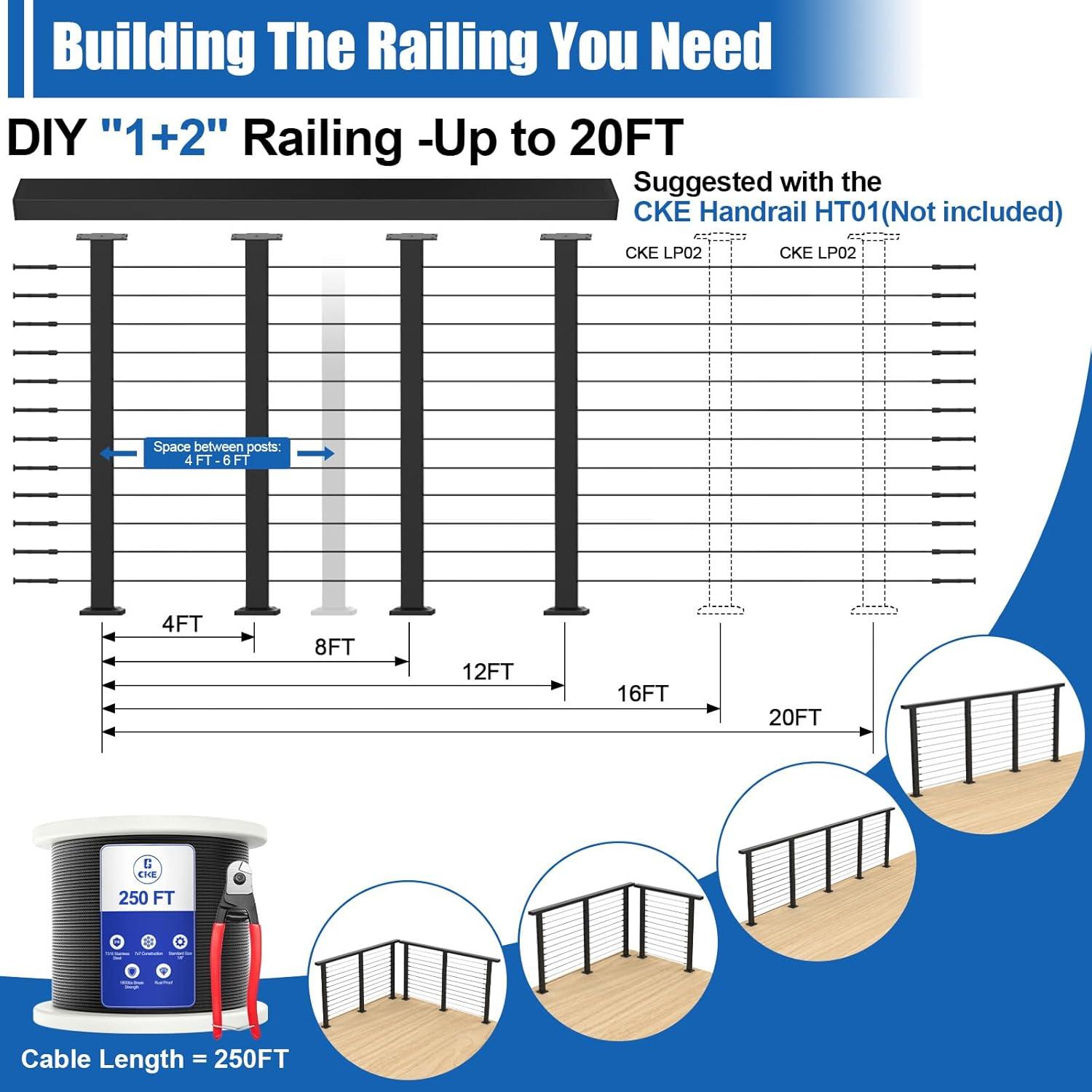CKE 15ft-20ft Complete Set 42" Modular Black Cable Railing Post Kit, 4Pack Black Level Drilled Line Posts(41"x2"x2"), Swageless Deck Cable Railing System Kit, 250ft 1/8" Wire Rope(No Handrail), LPS02