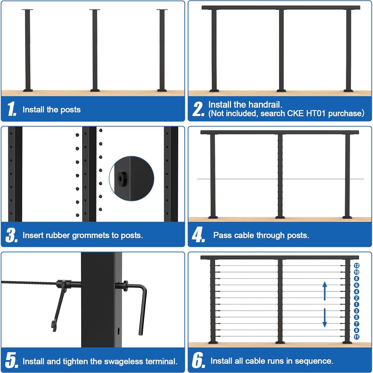 CKE 15ft-20ft Complete Set 42" Modular Black Cable Railing Post Kit, 4Pack Black Level Drilled Line Posts(41"x2"x2"), Swageless Deck Cable Railing System Kit, 250ft 1/8" Wire Rope(No Handrail), LPS02