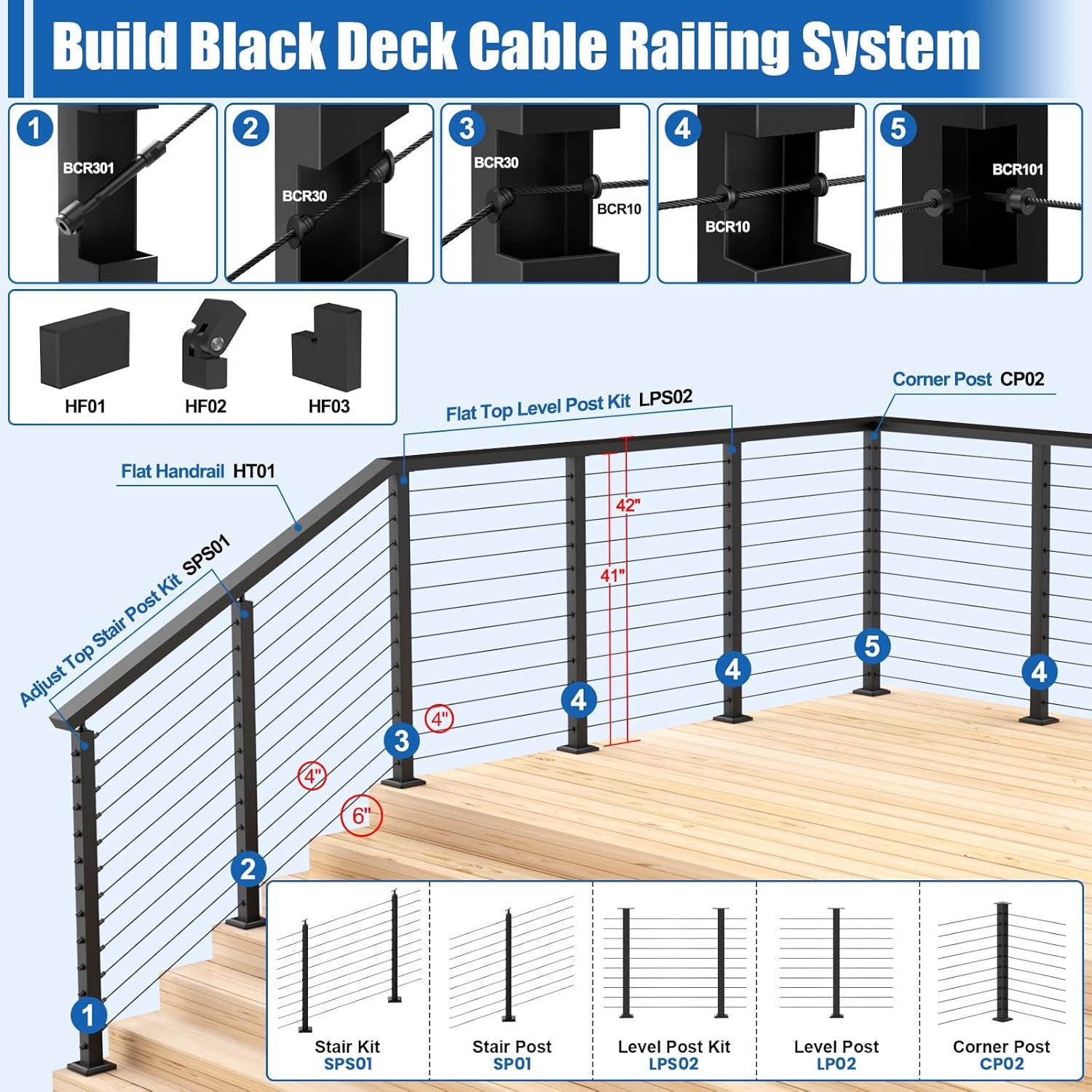 CKE 15ft-20ft Complete Set 42" Modular Black Cable Railing Post Kit, 4Pack Black Level Drilled Line Posts(41"x2"x2"), Swageless Deck Cable Railing System Kit, 250ft 1/8" Wire Rope(No Handrail), LPS02