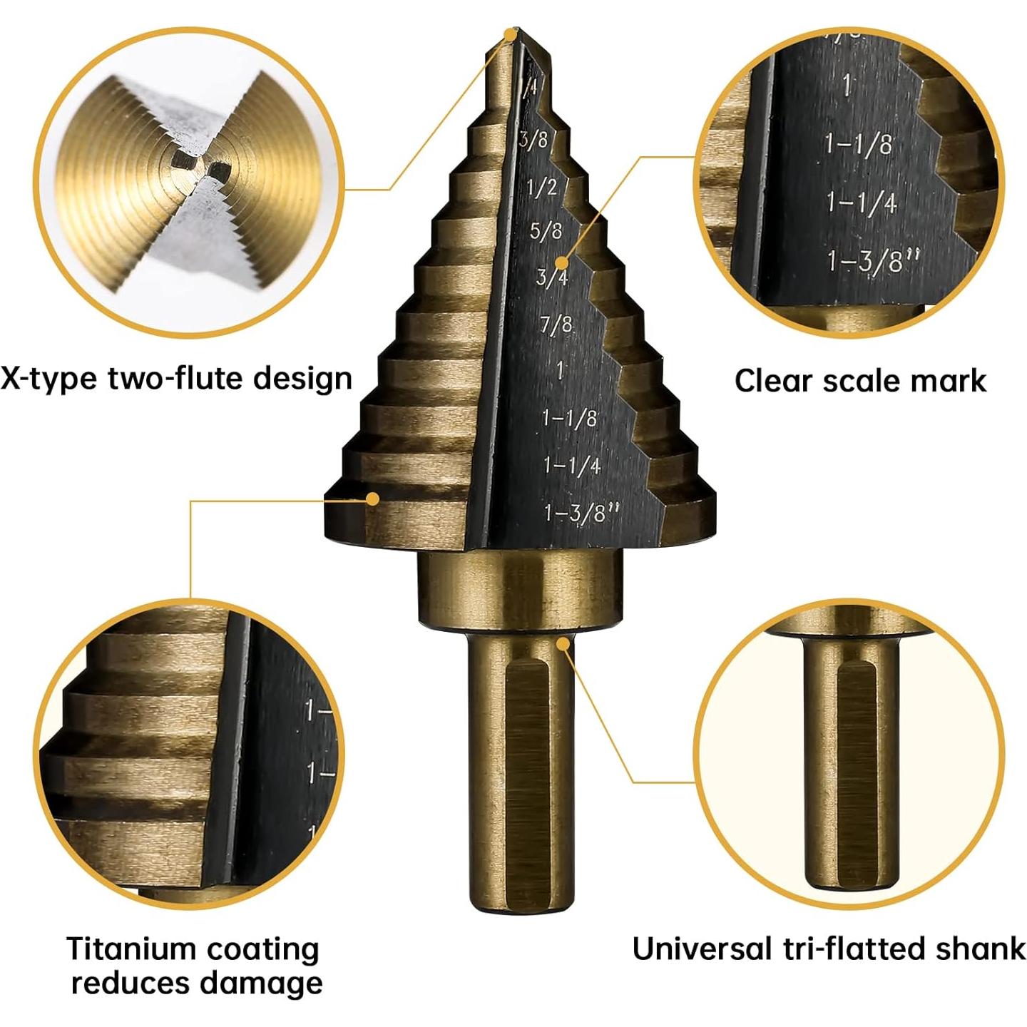 Juego de 5 Brocas Escalonadas HSS Titanio IRONANT 50 Tamaños