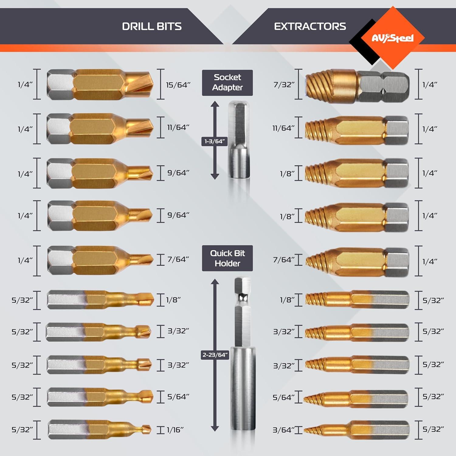 Juego de Extractores de Tornillos Dañados 22 Piezas Av Steel