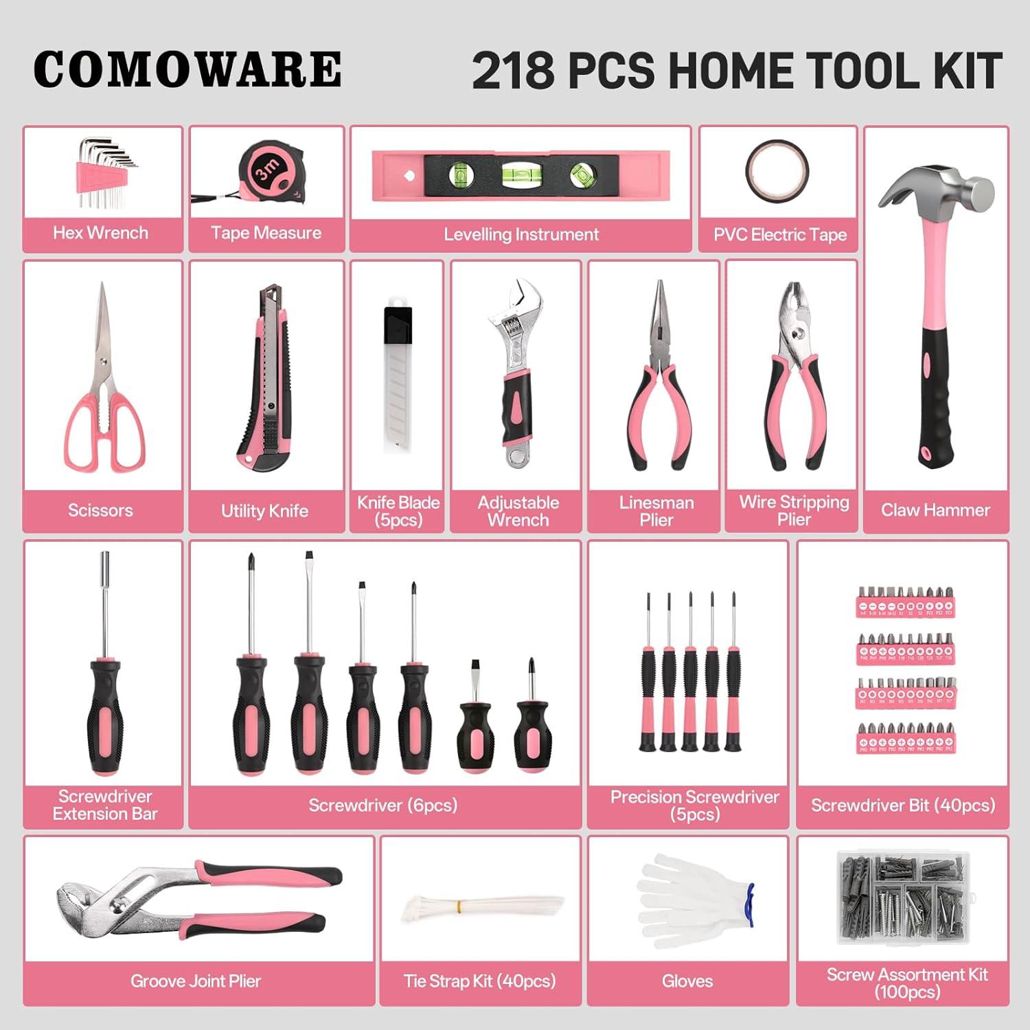 Kit de Herramientas para el Hogar COMOWARE 218 Piezas Rosa
