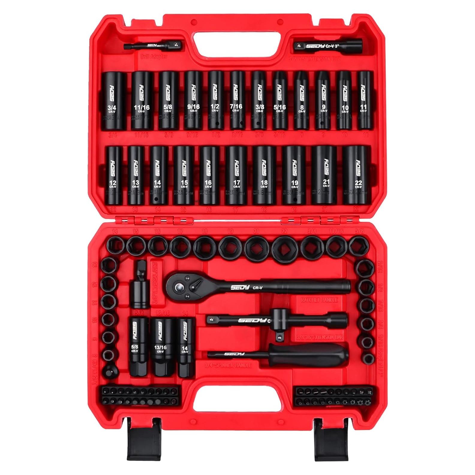 Juego de 96 Piezas Llave de Impacto 3/8" SEDY Cr-V SAE y Métrico