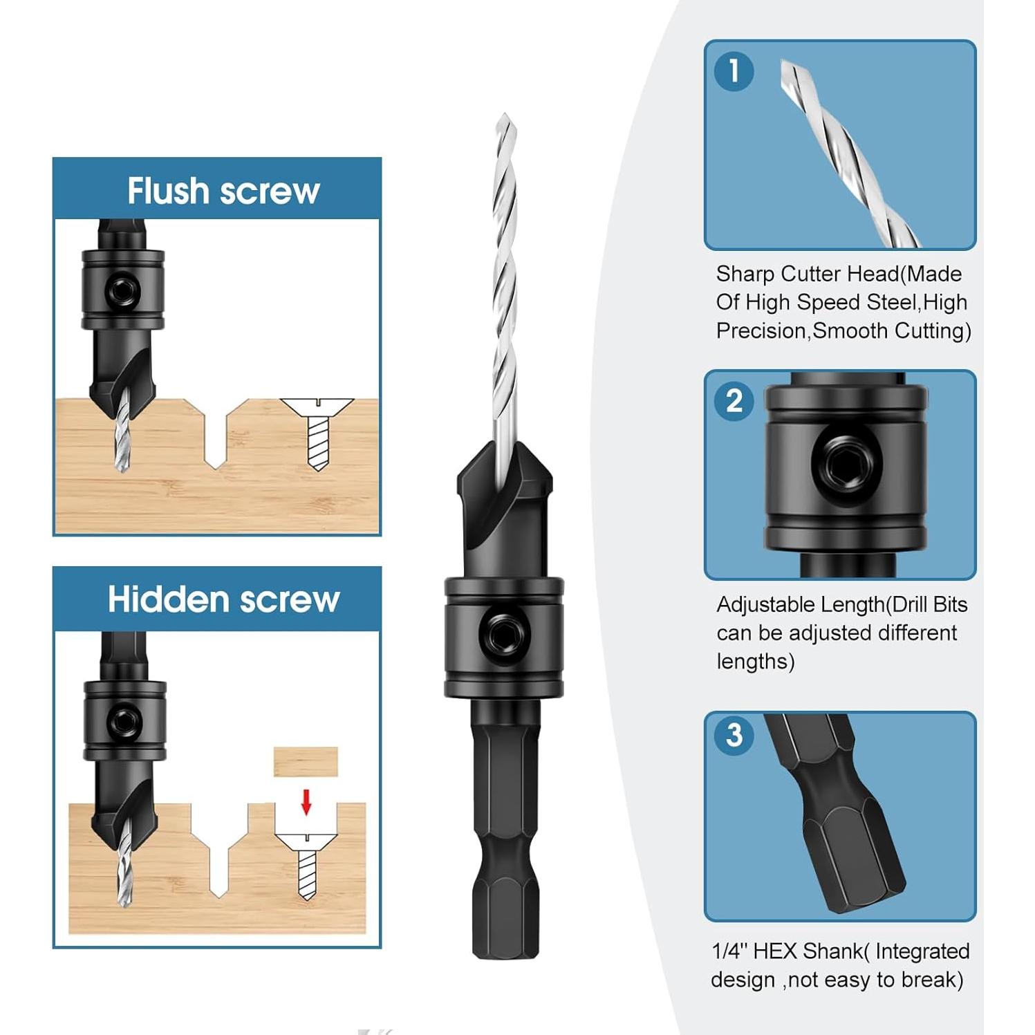 Juego de Brocas de Avellanado Feanron 5 Piezas Madera Metal