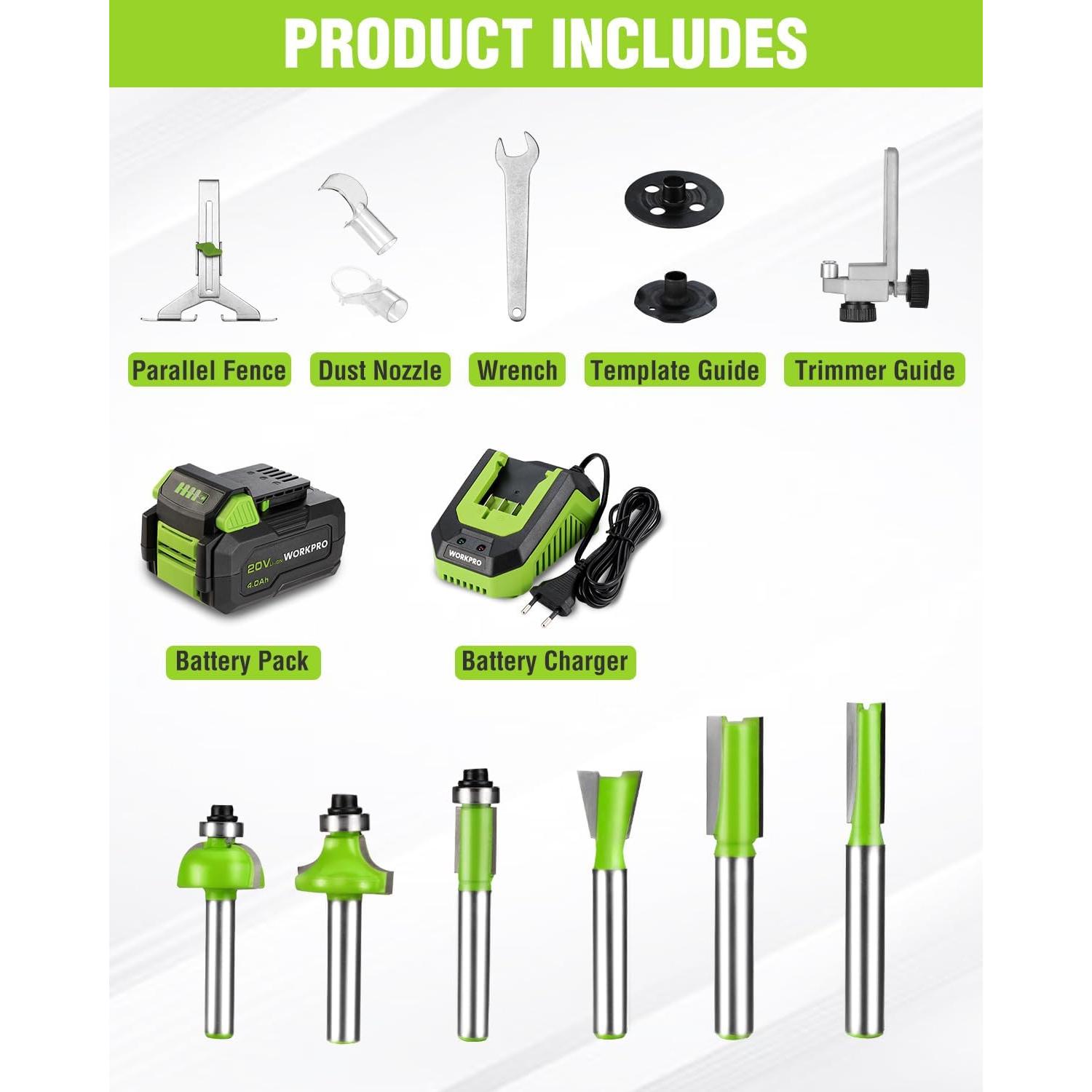 WORKPRO 20V Cordless Compact Router Tool, 6 Variable Speeds up to 30,000RPM Wood Router for Chamfering, Slotting, Trimming, with Multi-Angle Adjustable, Straight, Dual-Handle Base and Multiple Bits