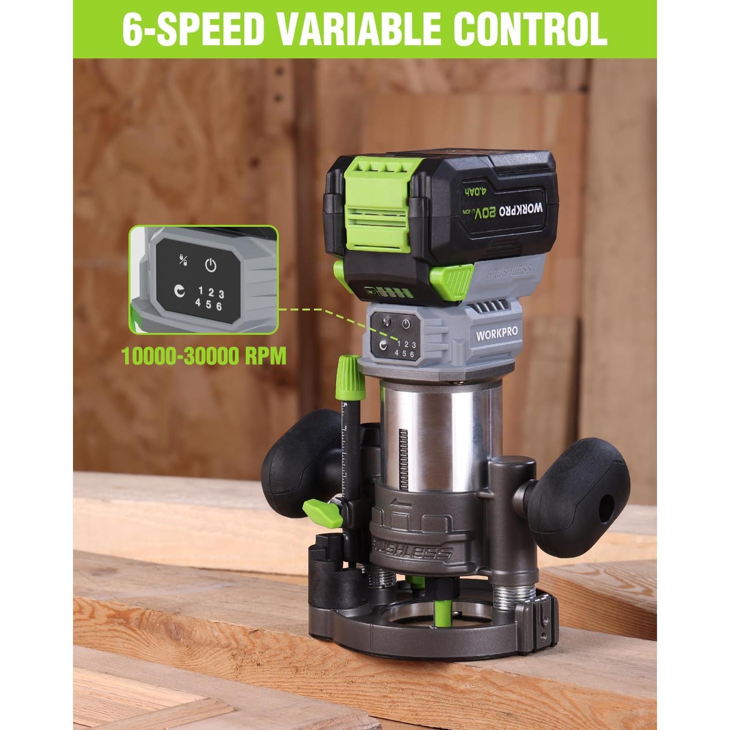 WORKPRO 20V Cordless Compact Router Tool, 6 Variable Speeds up to 30,000RPM Wood Router for Chamfering, Slotting, Trimming, with Multi-Angle Adjustable, Straight, Dual-Handle Base and Multiple Bits