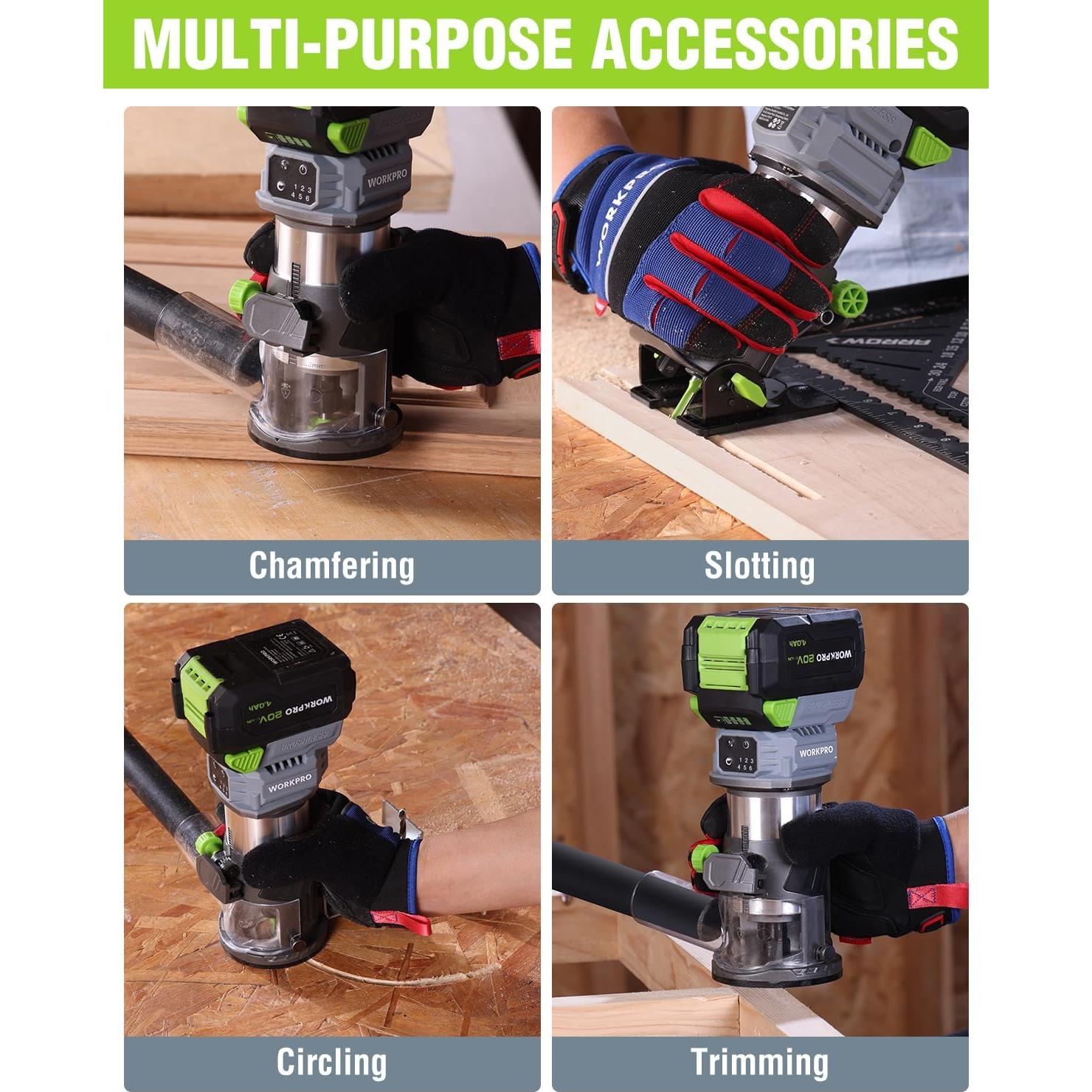 WORKPRO 20V Cordless Compact Router Tool, 6 Variable Speeds up to 30,000RPM Wood Router for Chamfering, Slotting, Trimming, with Multi-Angle Adjustable, Straight, Dual-Handle Base and Multiple Bits