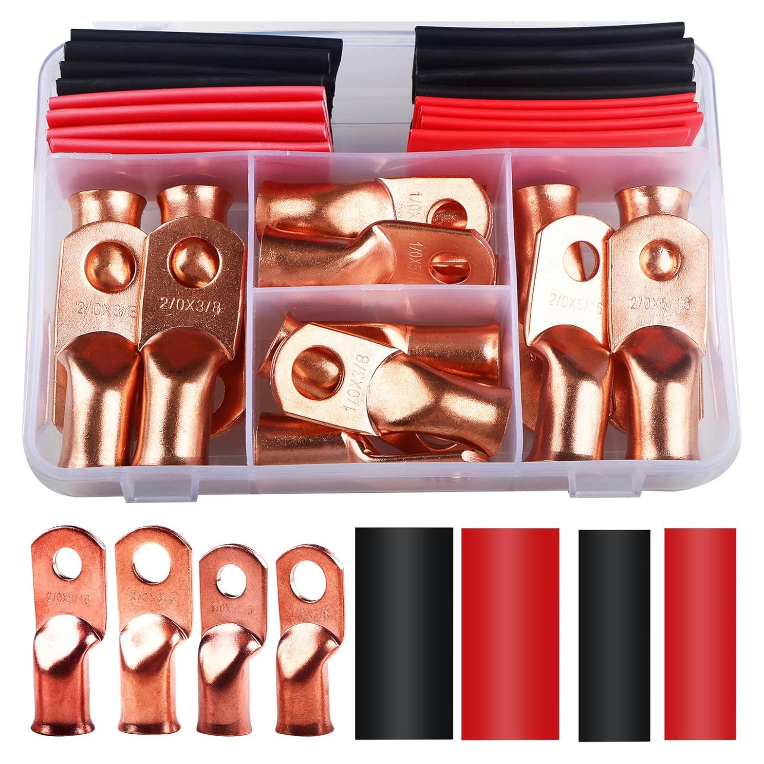 Kit 32Pcs Terminales de Cable de Batería Cobre 1/0 2/0 AWG