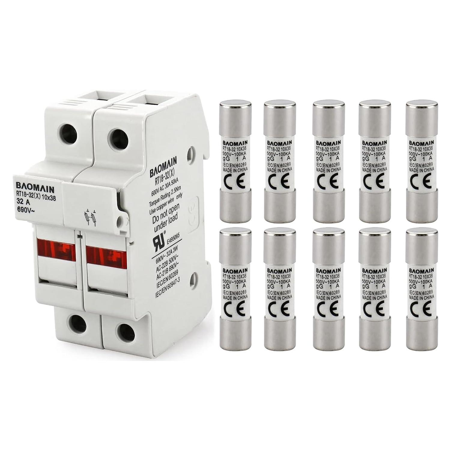 Portafusibles RT18-32 Baomain con 10 Fusibles Cerámicos 1A