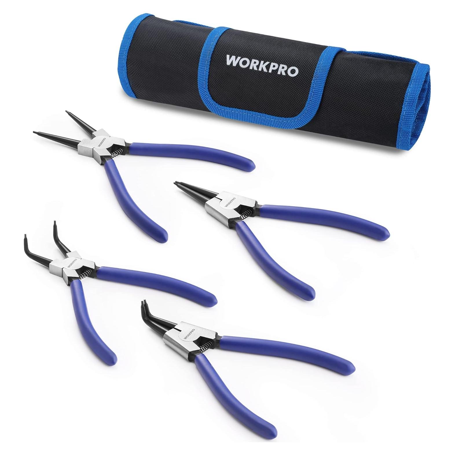 WORKPRO 4-Piece Snap Ring Pliers Set, 7-Inch Internal and External Circlip Pliers Kit with Straight and Bent Jaw, For Ring Remover Retaining, Storage Pouch Included, Father's Day Gifts