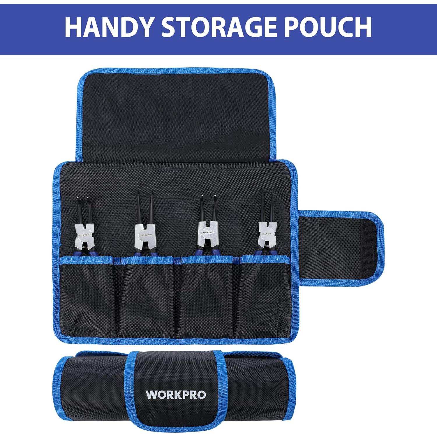 WORKPRO 4-Piece Snap Ring Pliers Set, 7-Inch Internal and External Circlip Pliers Kit with Straight and Bent Jaw, For Ring Remover Retaining, Storage Pouch Included, Father's Day Gifts